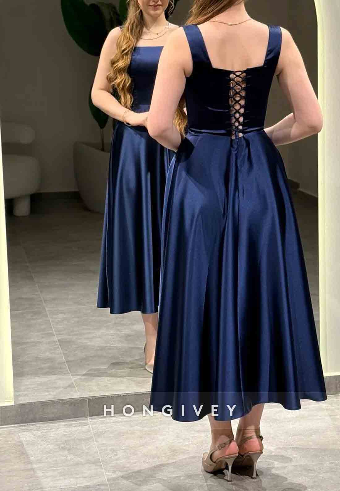 Regular Straps Tea-Length A-Line Sleeveless Crisscross Back Square Evening Gowns