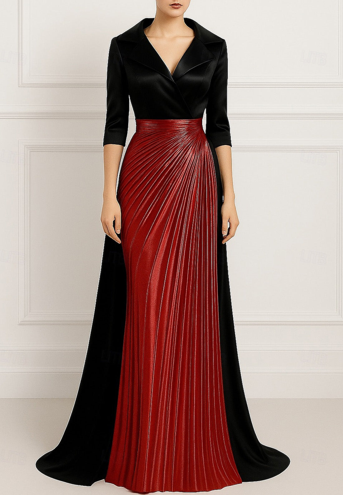Black Tie Formal Wedding Half Sleeves Column Satin Evening Gown with Ruffles