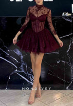 Burgundy Lace 3/4 Sleeve High Neck Short Princess Homecoming Dresses