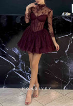 Burgundy Lace 3/4 Sleeve High Neck Short Princess Homecoming Dresses