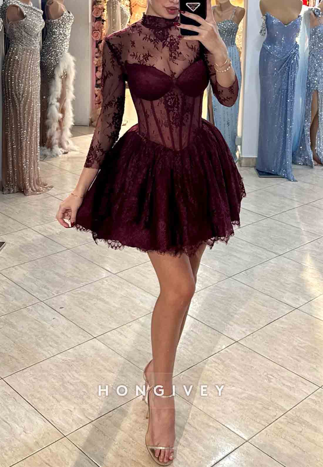 Burgundy Lace 3/4 Sleeve High Neck Short Princess Homecoming Dresses