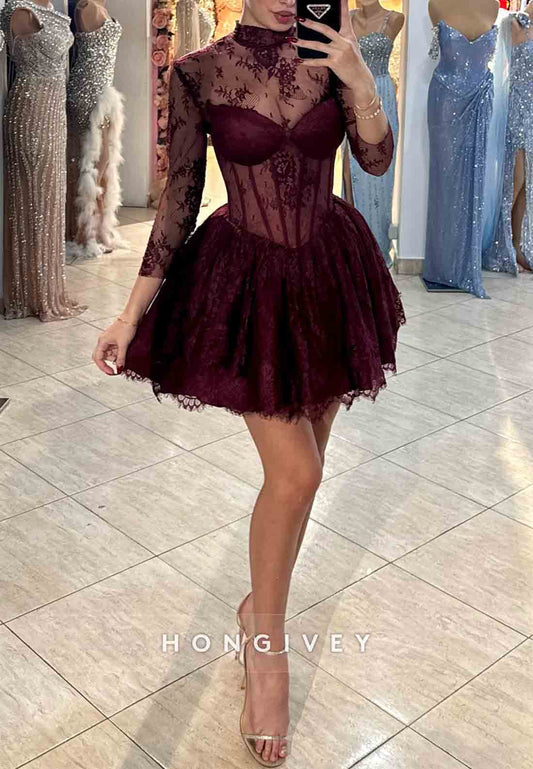 Burgundy Lace 3/4 Sleeve High Neck Short Princess Homecoming Dresses
