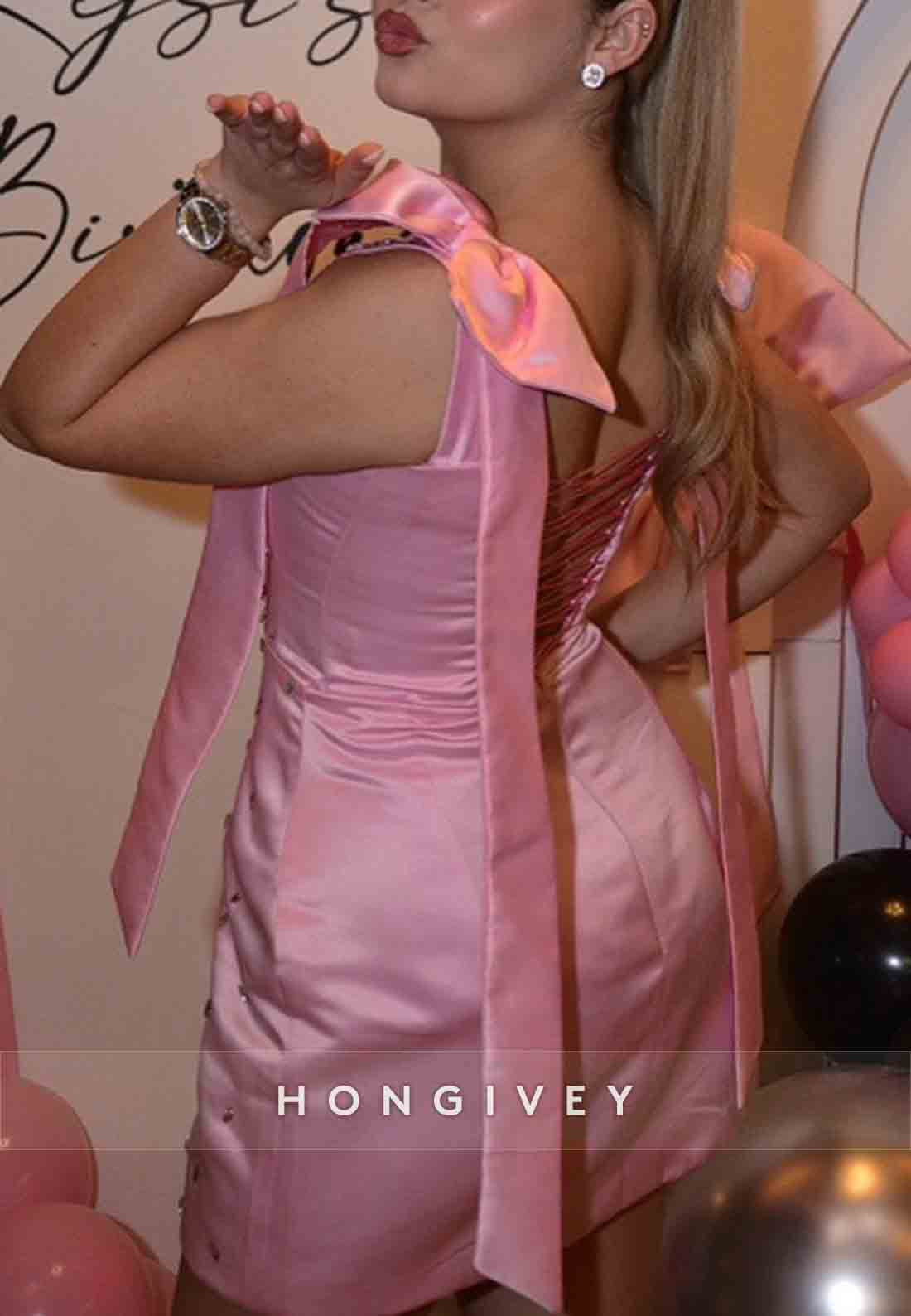 Satin Sleeveless Regular Straps Square Neck Sheath Bowknot Mini Homecoming Dresses