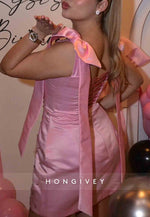 Satin Sleeveless Regular Straps Square Neck Sheath Bowknot Mini Homecoming Dresses