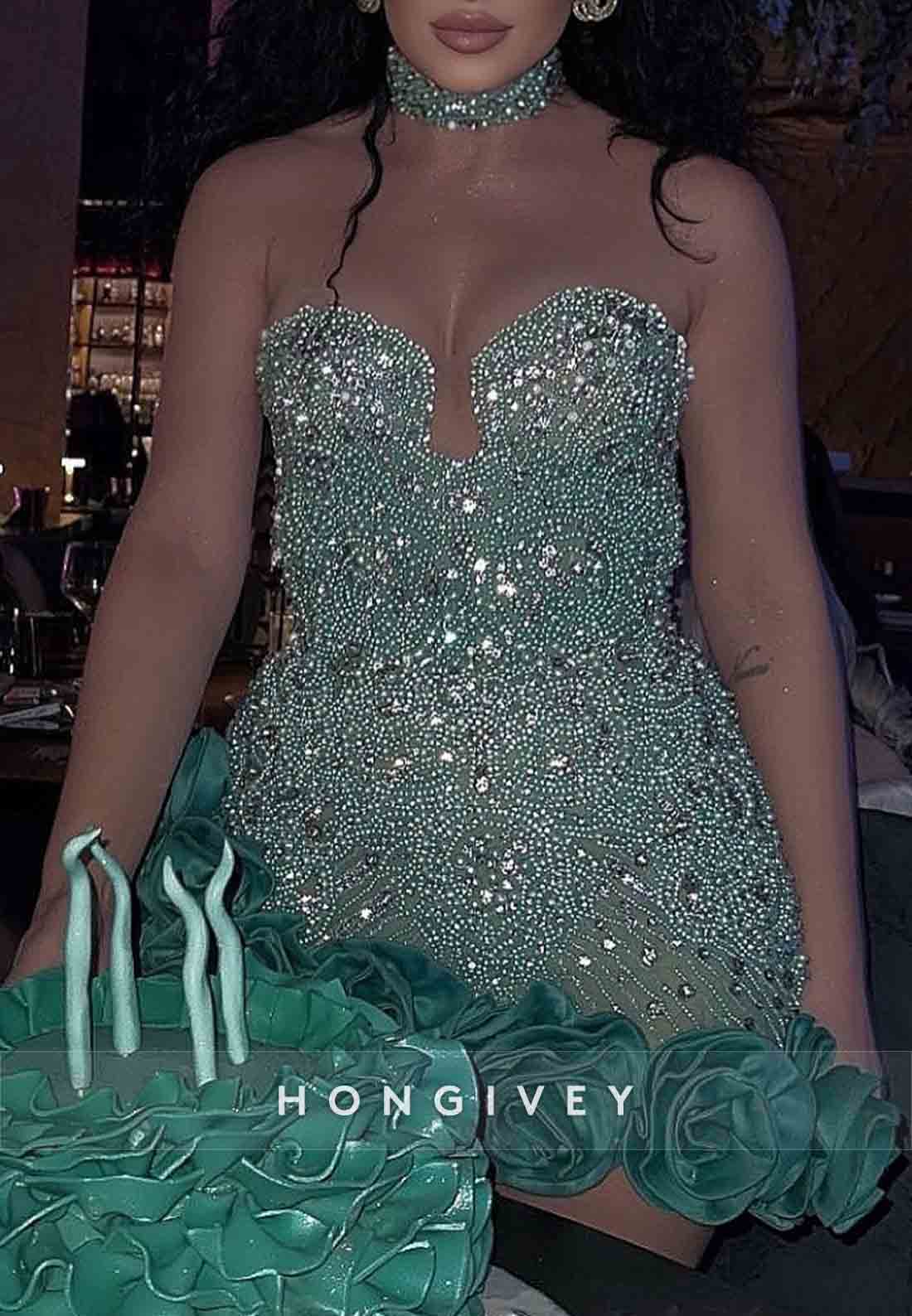 Sexy Flowers Sweetheart Beading Strapless Mini Homecoming Dresses