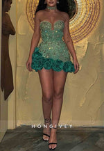 Sexy Flowers Sweetheart Beading Strapless Mini Homecoming Dresses