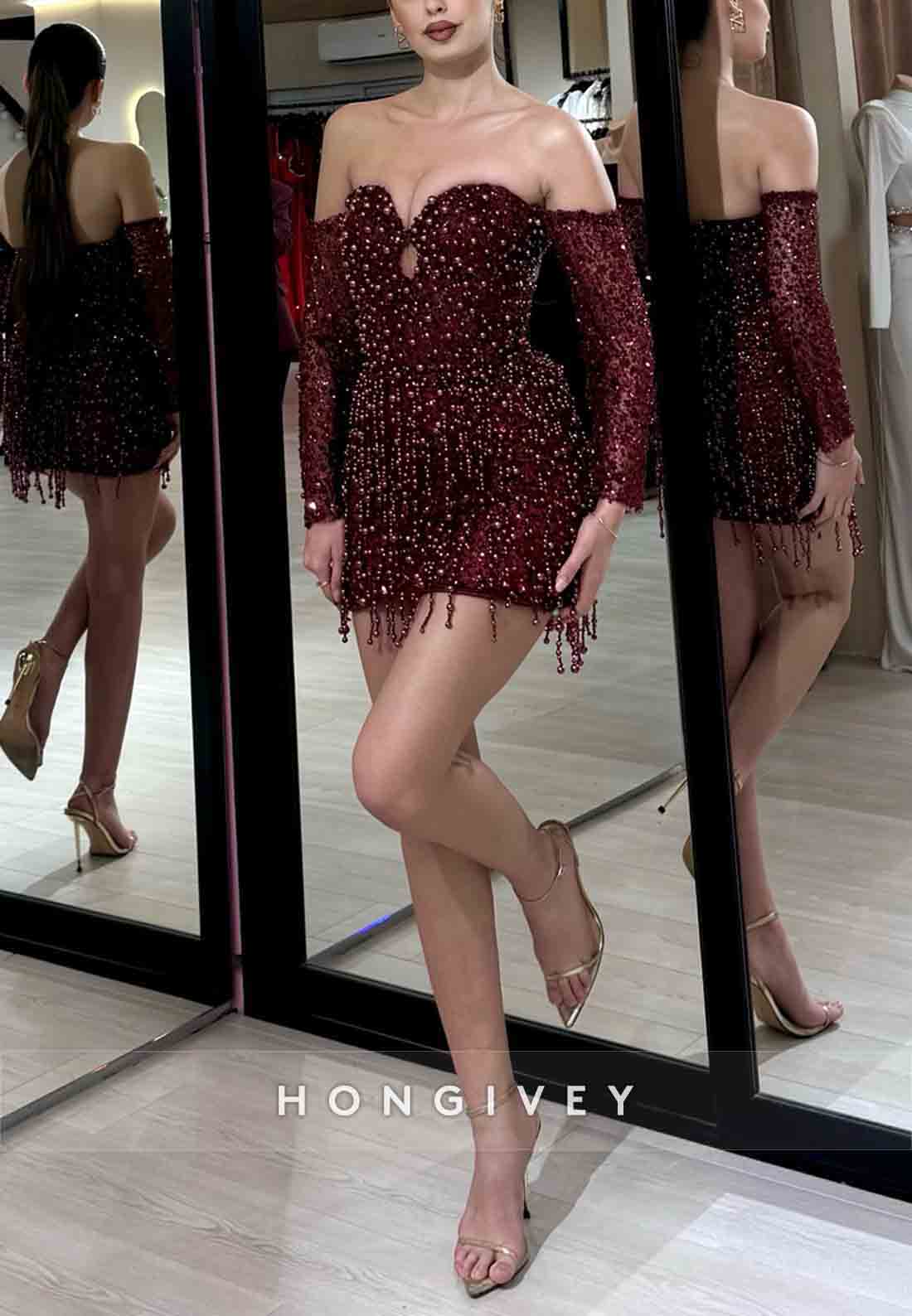 Off the Shoulder Sweetheart Tassel Long Sleeves Beading Short Homecoming Dresses