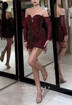 Off the Shoulder Sweetheart Tassel Long Sleeves Beading Short Homecoming Dresses