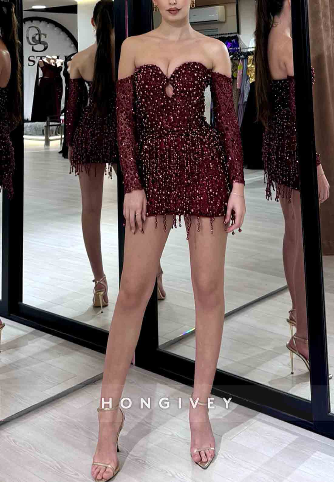 Off the Shoulder Sweetheart Tassel Long Sleeves Beading Short Homecoming Dresses