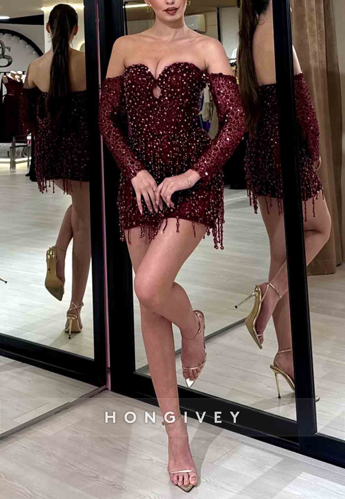 Off the Shoulder Sweetheart Tassel Long Sleeves Beading Short Homecoming Dresses