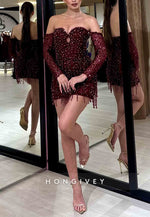 Off the Shoulder Sweetheart Tassel Long Sleeves Beading Short Homecoming Dresses