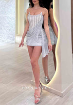 Silver Glitter Strapless Side Draping Ruched Mini Sheath Homecoming Dresses