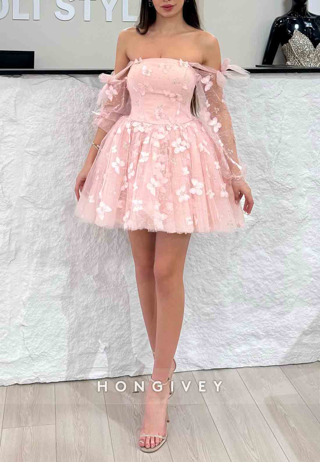 Bowknot Blush Off the Shoulder Princess Short Homecoming Dresses With Butterfly