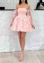 Bowknot Blush Off the Shoulder Princess Short Homecoming Dresses With Butterfly