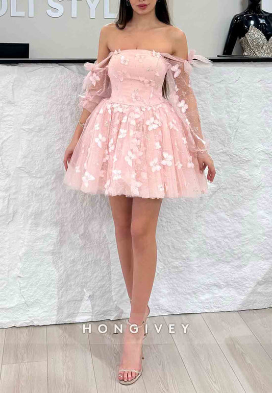Bowknot Blush Off the Shoulder Princess Short Homecoming Dresses With Butterfly