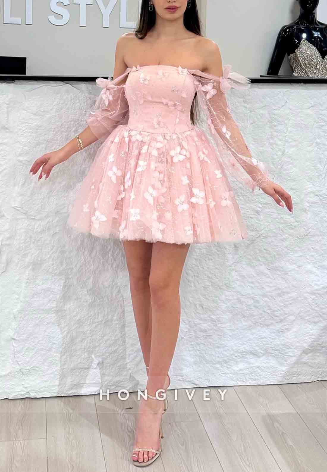 Bowknot Blush Off the Shoulder Princess Short Homecoming Dresses With Butterfly