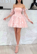Bowknot Blush Off the Shoulder Princess Short Homecoming Dresses With Butterfly