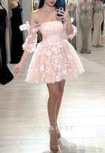 Bowknot Blush Off the Shoulder Princess Short Homecoming Dresses With Butterfly