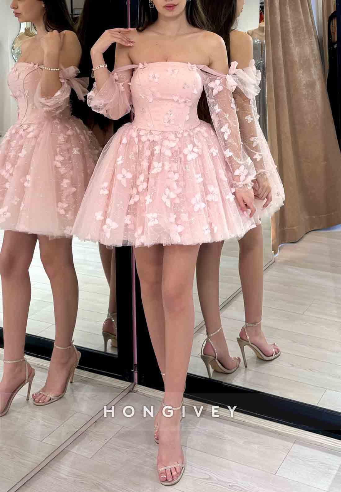 Bowknot Blush Off the Shoulder Princess Short Homecoming Dresses With Butterfly