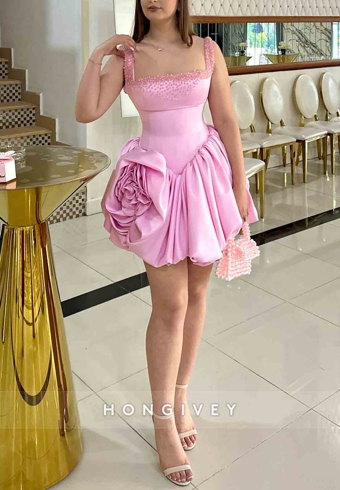 Square Neck Regular Straps A-Line Pleated Satin Short Homecoming Dresses