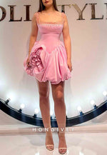 Square Neck Regular Straps A-Line Pleated Satin Short Homecoming Dresses