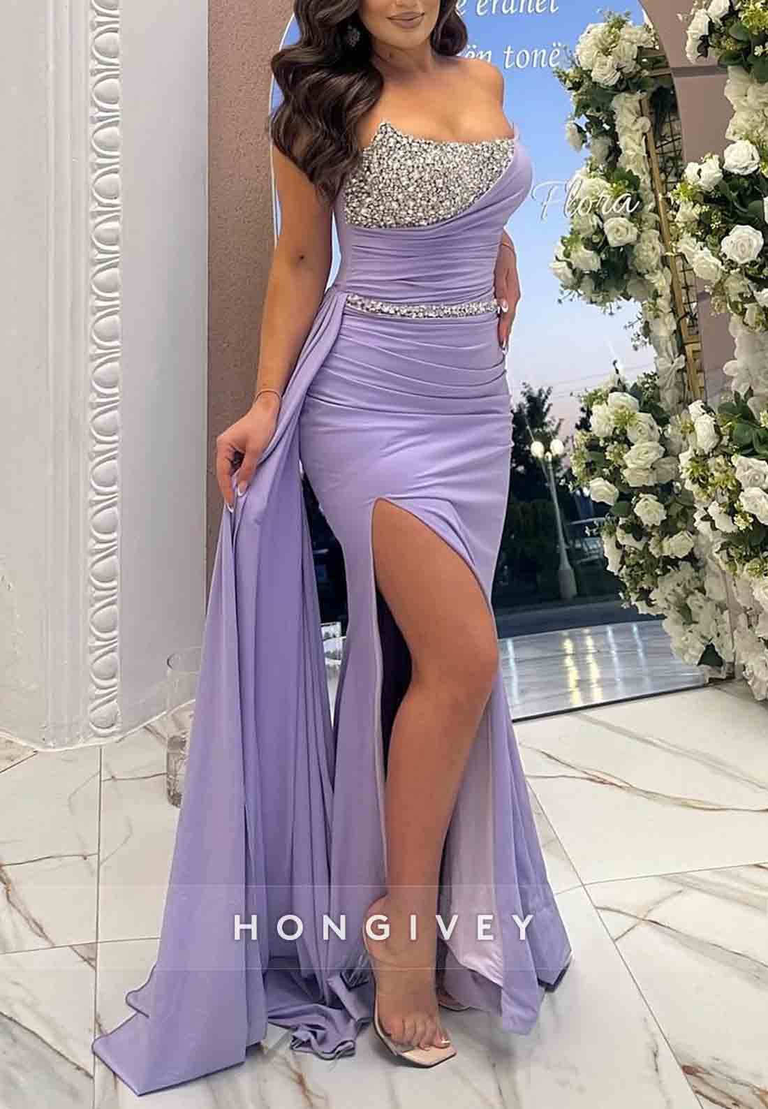 Violet High Slit Side Draping Strapless Pleated Elastic Satin Prom Dresses with Beading