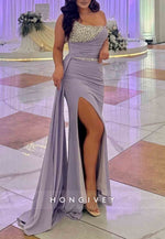 Violet High Slit Side Draping Strapless Pleated Elastic Satin Prom Dresses with Beading