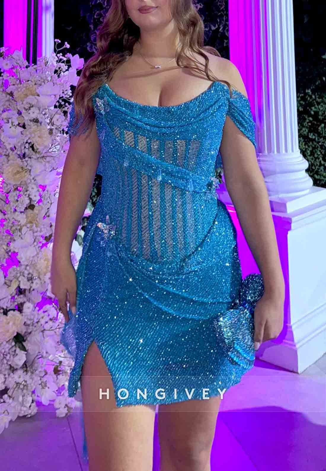 Sheath Off the Shoulder Side Draping Glitter Pleated Homecoming Dress