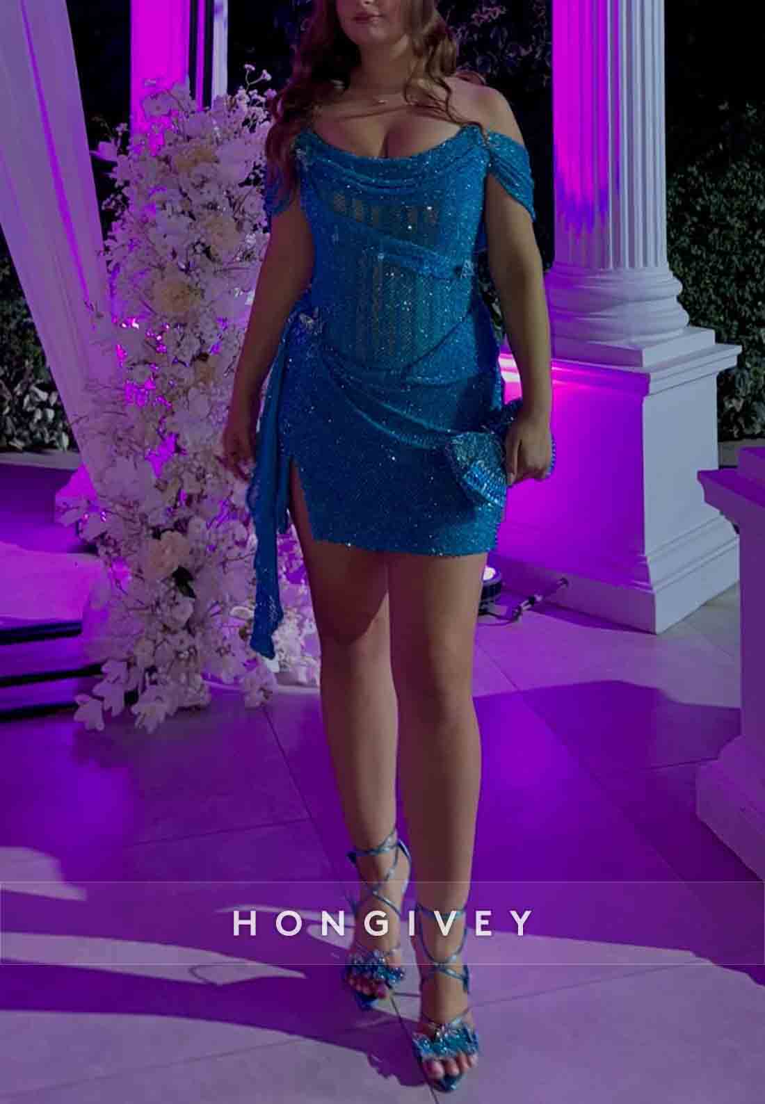 Sheath Off the Shoulder Side Draping Glitter Pleated Homecoming Dress