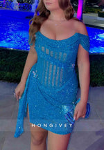 Sheath Off the Shoulder Side Draping Glitter Pleated Homecoming Dress