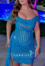 Sheath Off the Shoulder Side Draping Glitter Pleated Homecoming Dress