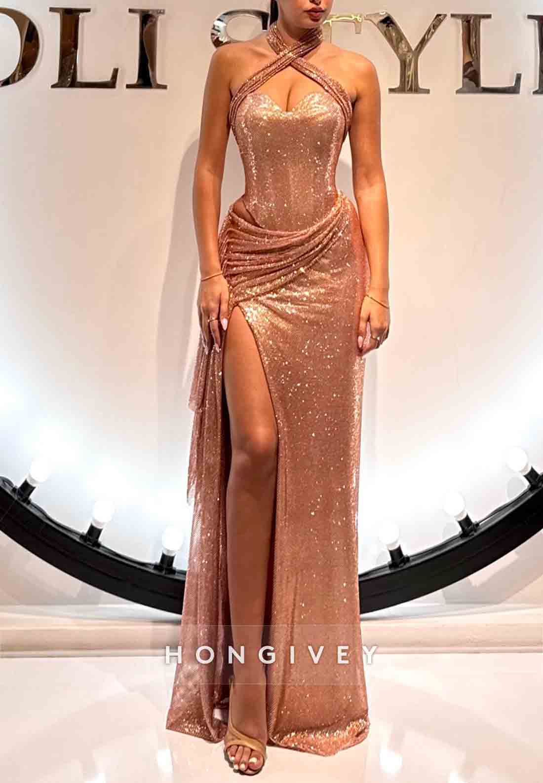 Halter Glitter Cross-Neck High Slit Column Pleated Prom Dresses