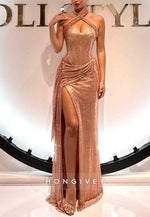 Halter Glitter Cross-Neck High Slit Column Pleated Prom Dresses