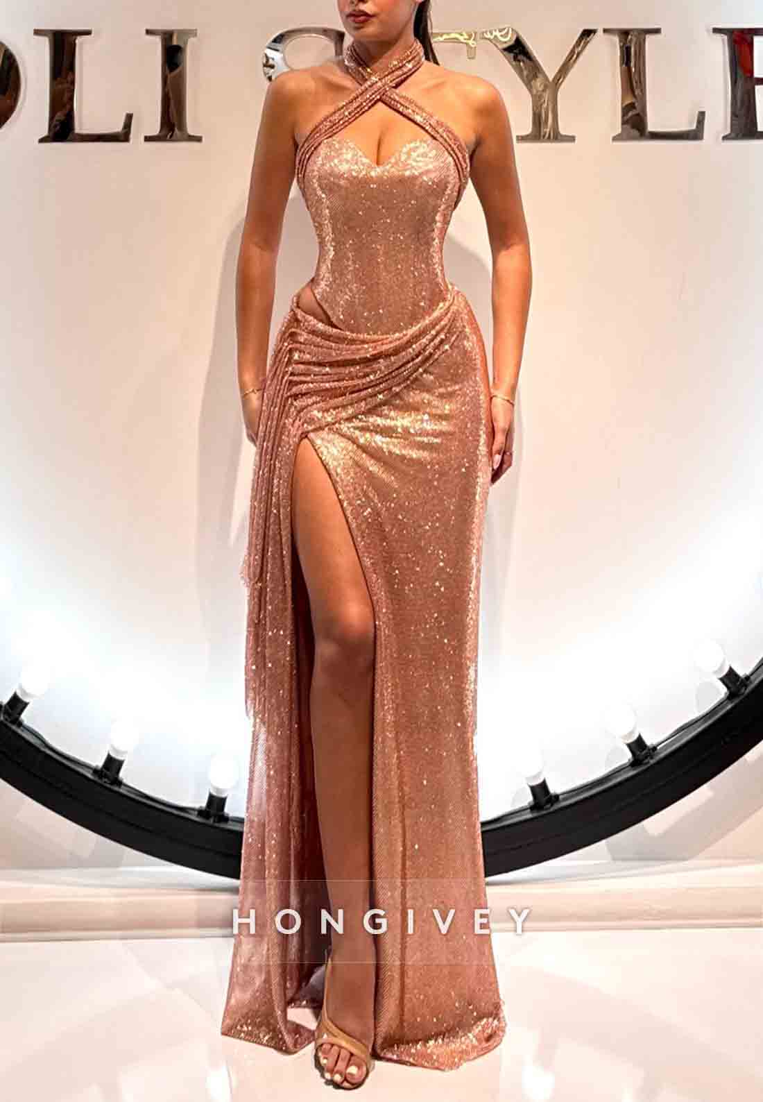Halter Glitter Cross-Neck High Slit Column Pleated Prom Dresses