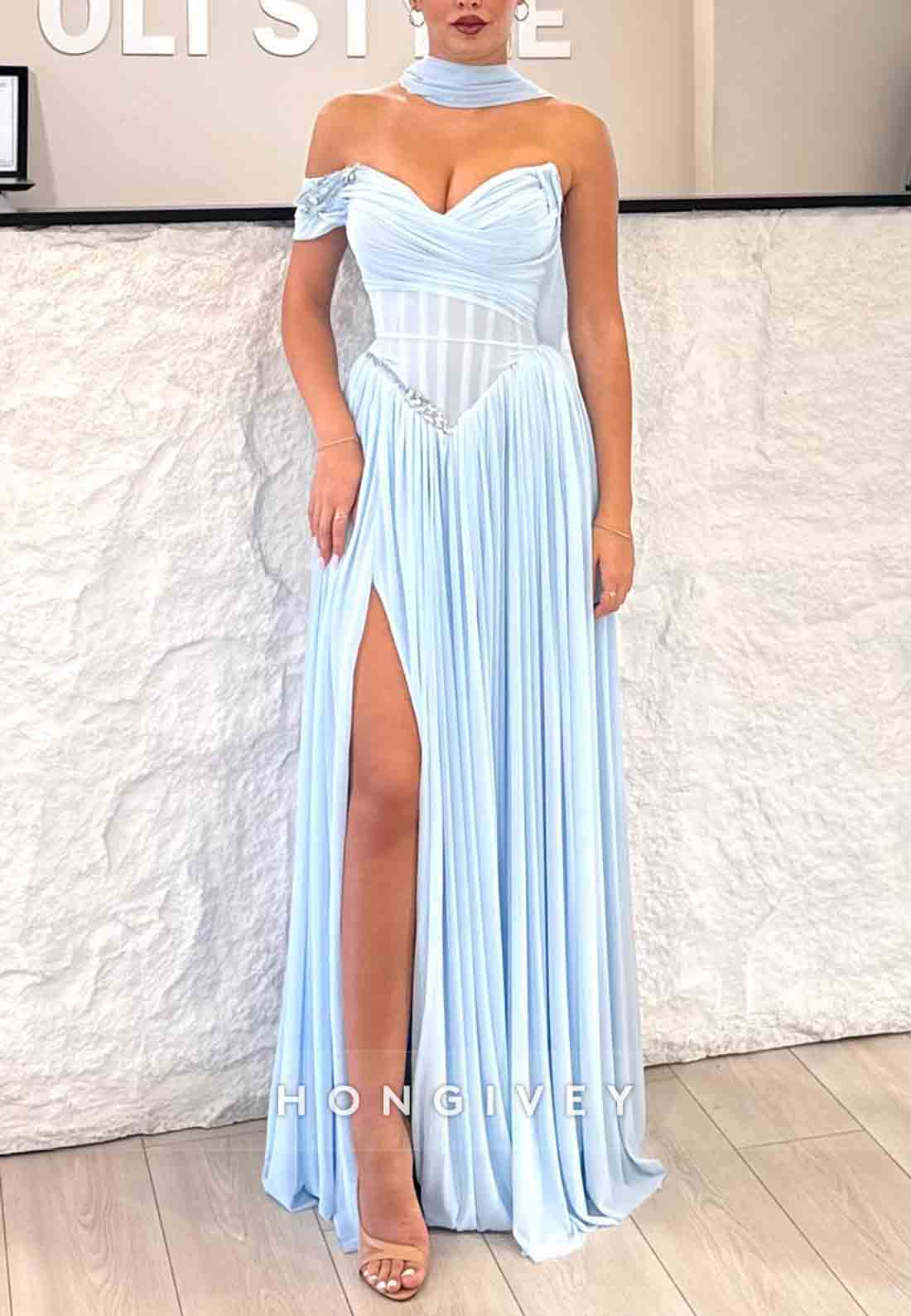 A-Line Light Blue Off the Shoulder Floor-Length Prom Dresses with Scarf
