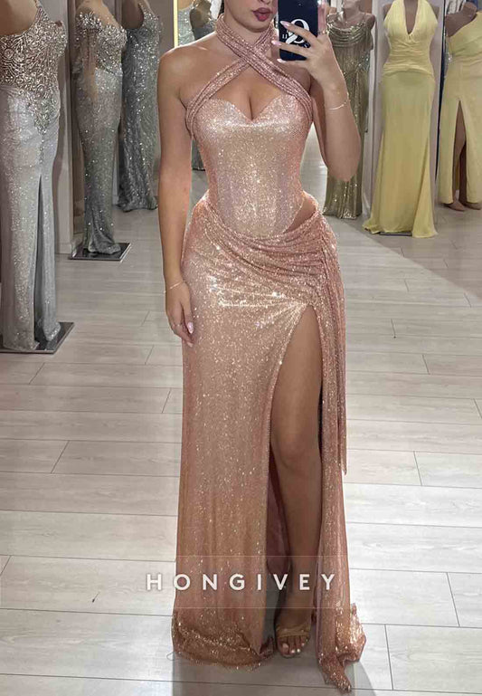 Halter Glitter Cross-Neck High Slit Column Pleated Prom Dresses