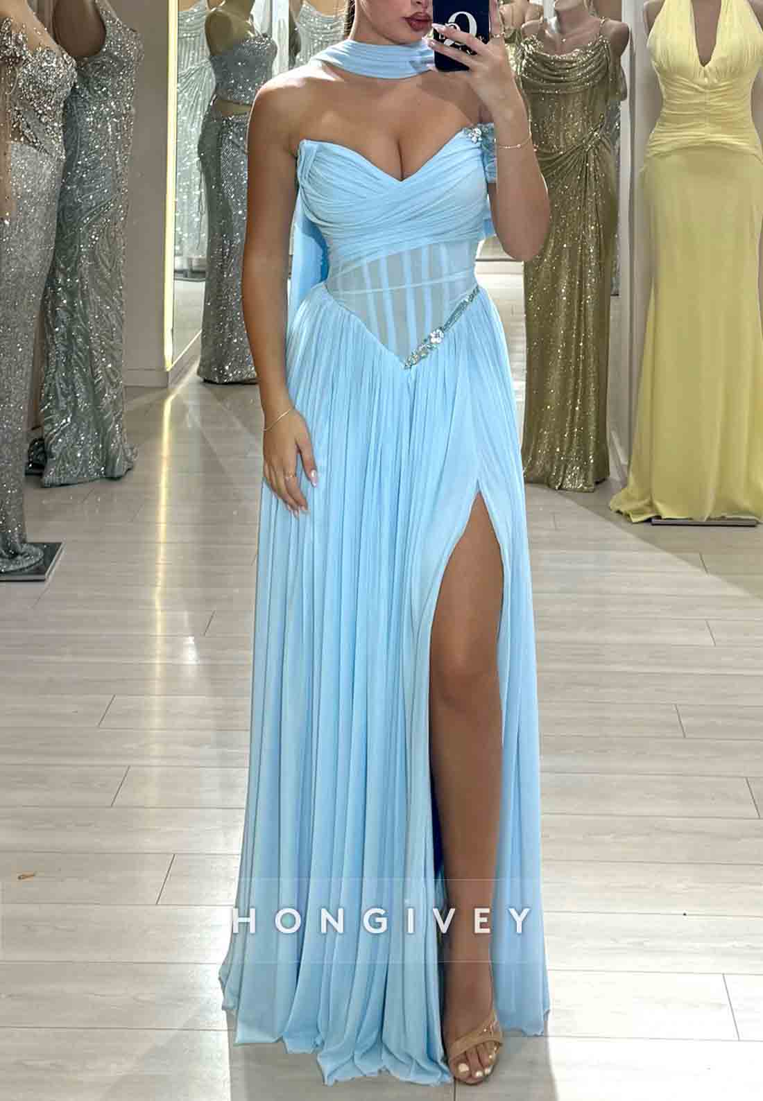 A-Line Light Blue Off the Shoulder Floor-Length Prom Dresses with Scarf