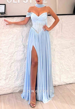 A-Line Light Blue Off the Shoulder Floor-Length Prom Dresses with Scarf