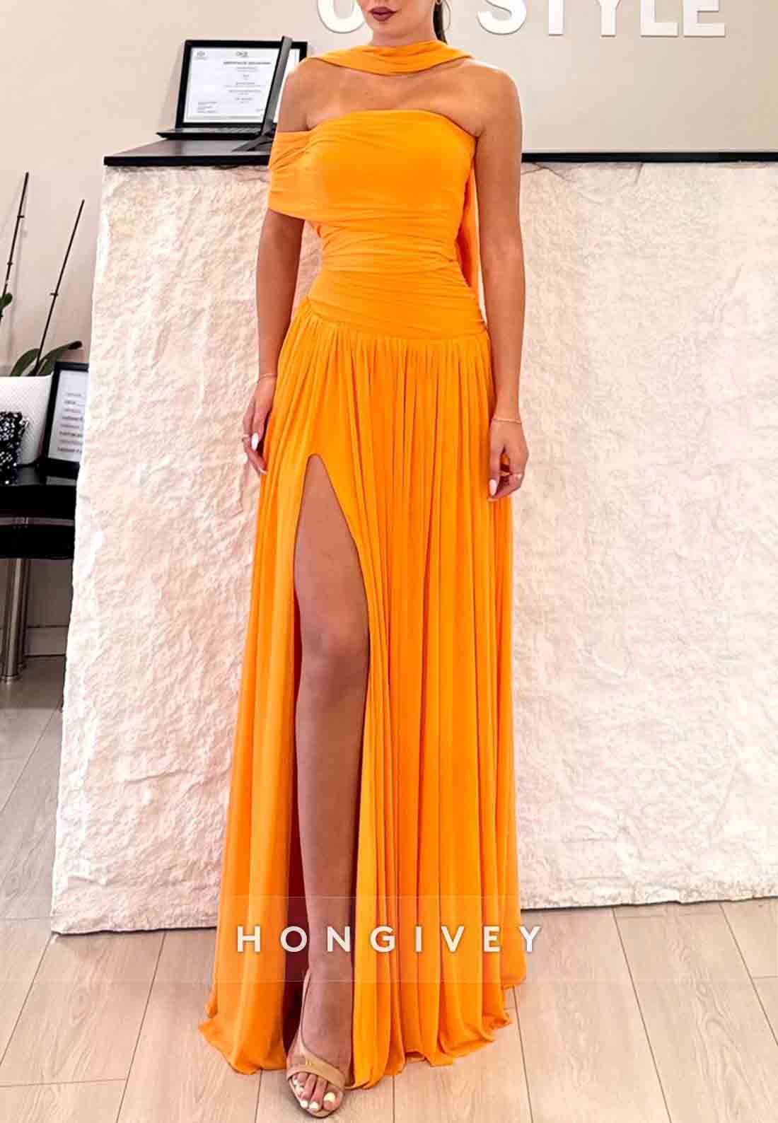 Orange A-Line Column Off the Shoulder Floor-Length Empire Prom Dresses with Scarf