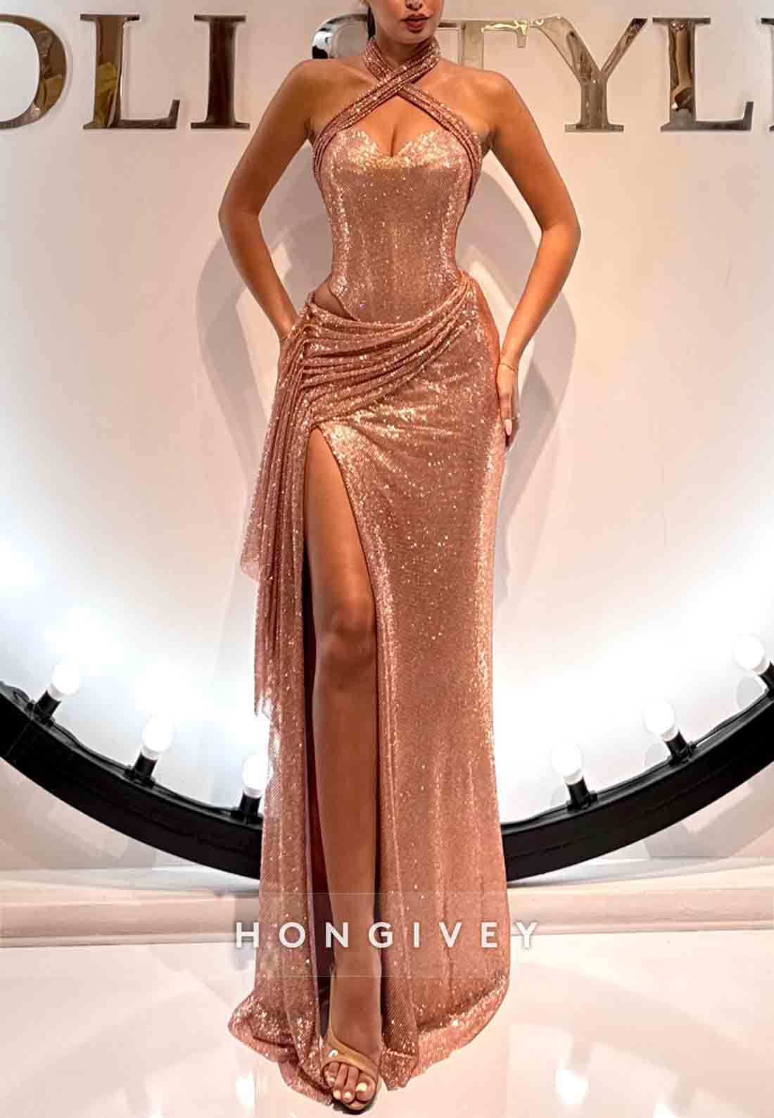 Halter Glitter Cross-Neck High Slit Column Pleated Prom Dresses