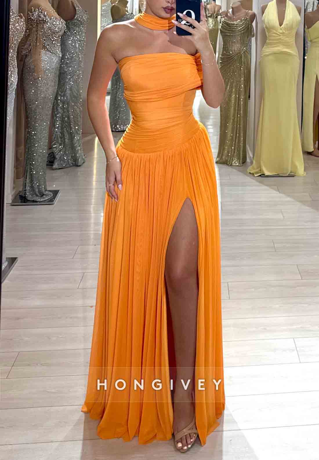 Orange A-Line Column Off the Shoulder Floor-Length Empire Prom Dresses with Scarf