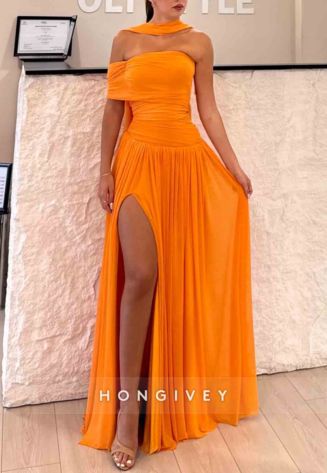 Orange A-Line Column Off the Shoulder Floor-Length Empire Prom Dresses with Scarf
