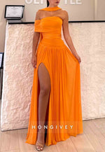 Orange A-Line Column Off the Shoulder Floor-Length Empire Prom Dresses with Scarf