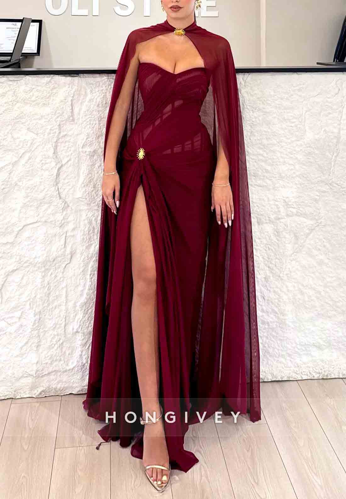 Strapless Sweetheart Burgundy High Slit Floor-Length Prom Dresses with Cape