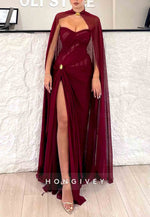 Strapless Sweetheart Burgundy High Slit Floor-Length Prom Dresses with Cape