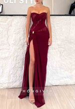 Strapless Sweetheart Burgundy High Slit Floor-Length Prom Dresses with Cape