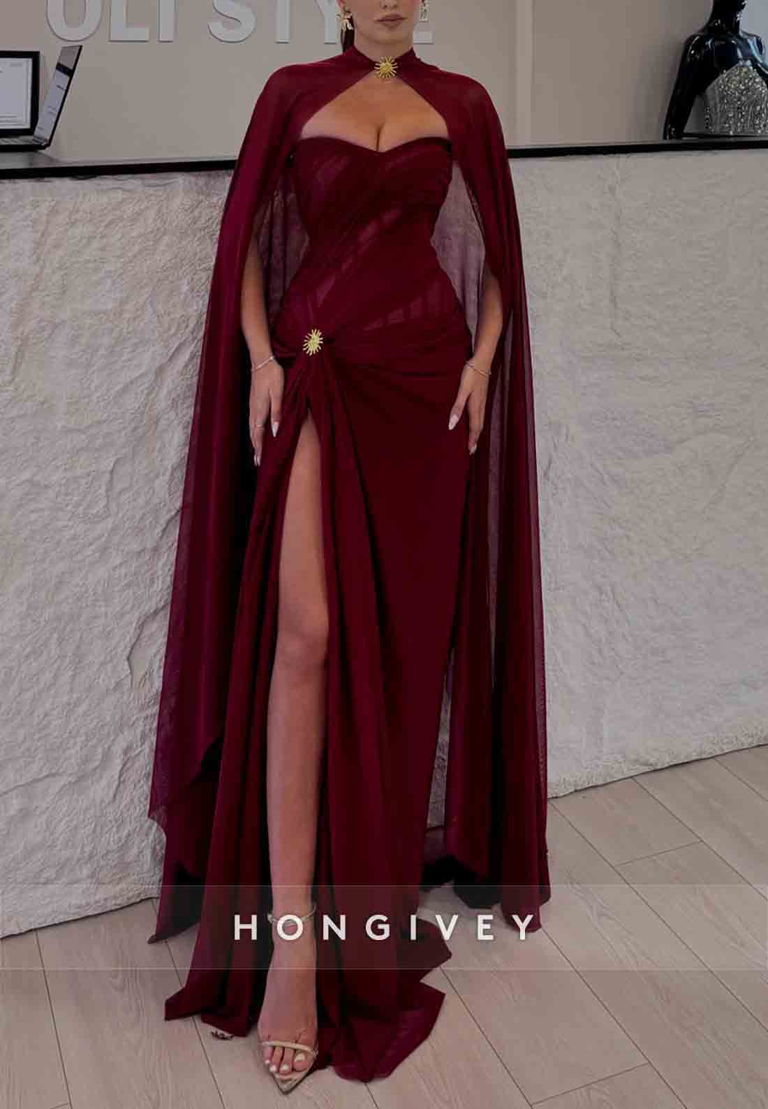Strapless Sweetheart Burgundy High Slit Floor-Length Prom Dresses with Cape
