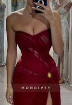 Strapless Sweetheart Burgundy High Slit Floor-Length Prom Dresses with Cape