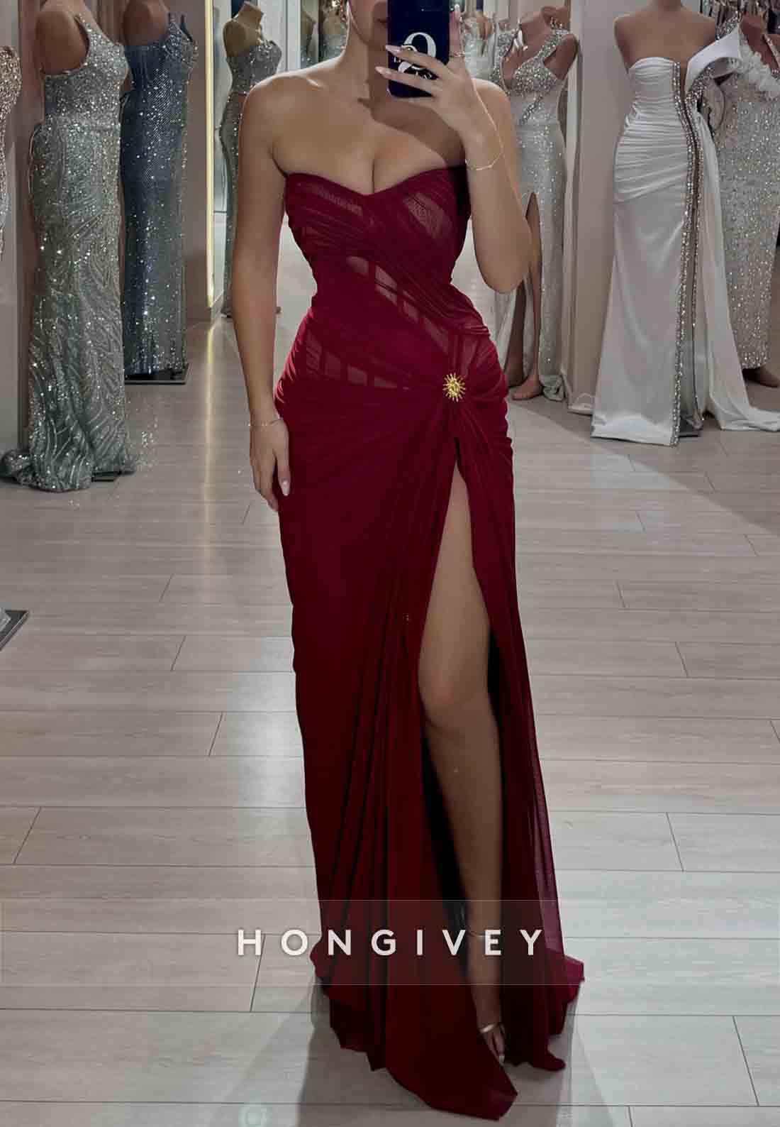Strapless Sweetheart Burgundy High Slit Floor-Length Prom Dresses with Cape
