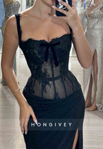 Black Lace Regular Straps Column Floor-Length High Slit Prom Dresses